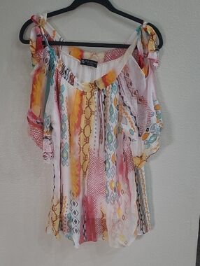 Bella Amore Cold-Shoulder Printed Blouse Boho Light Airy Silk Blend Size Large